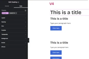Στιγμιότυπο οθόνης του Elementor Editor V4 που δείχνει τη διεπαφή χρήστη με το μενού επεξεργασίας στα αριστερά και ένα παράδειγμα σελίδας με τίτλους, κείμενο και κουμπιά στα δεξιά.