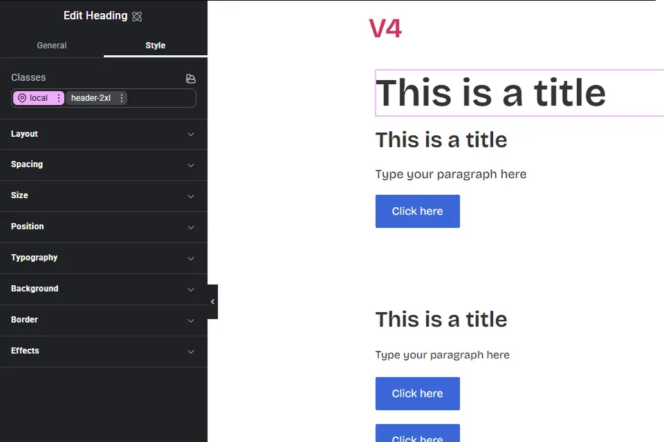 Στιγμιότυπο οθόνης του Elementor Editor V4 που δείχνει τη διεπαφή χρήστη με το μενού επεξεργασίας στα αριστερά και ένα παράδειγμα σελίδας με τίτλους, κείμενο και κουμπιά στα δεξιά.