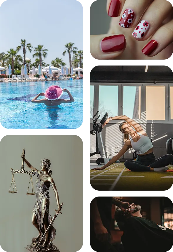 Collage με τομείς όπως πισίνα ξενοδοχείου, μανικιούρ, nail salon, yoga, δικαιοσύνη, κομμωτήρια και barber shop, ιδανικό για ιστοσελίδες από την iPixel