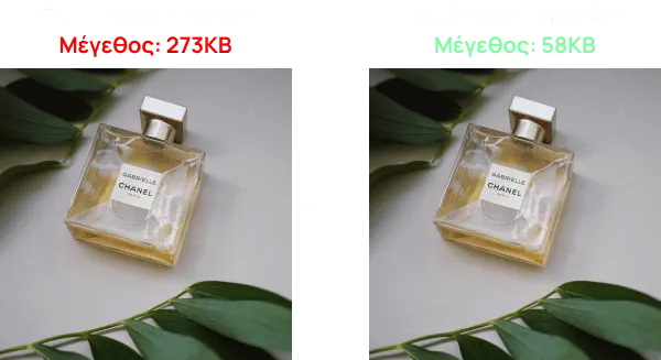 Before και after βελτιστοποίησης φωτογραφίας αρώματος Chanel Gabrielle από 273KB σε 50KB – υπηρεσίες optimization εικόνων για e-shop από iPixel.gr